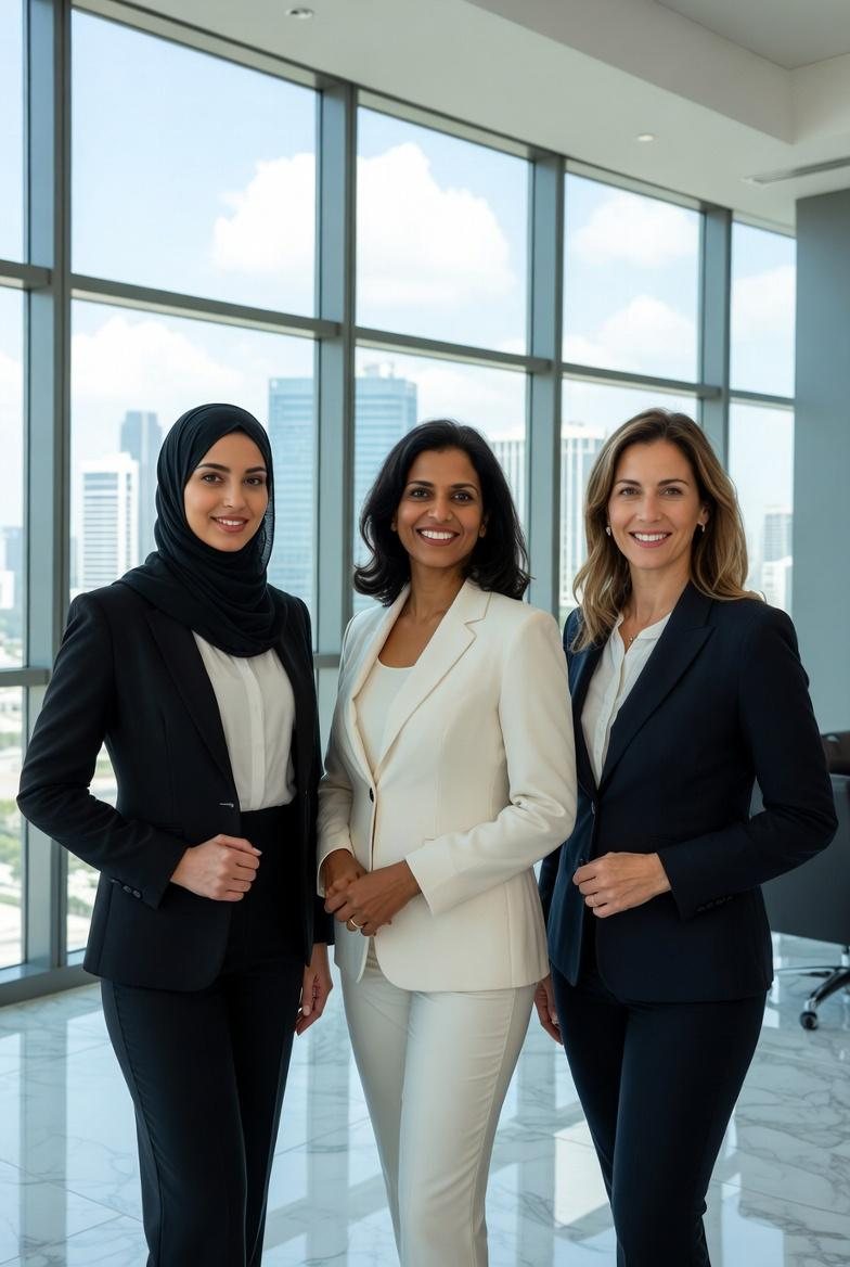 Three women in business attire standing together in an office